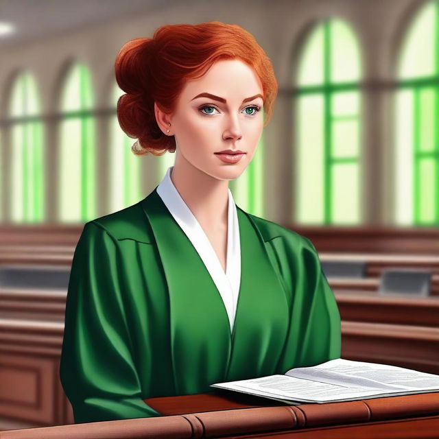 A beautiful young French woman with ginger hair tied in a ponytail and striking green eyes, wearing traditional French lawyer robes