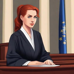 A beautiful young French woman with ginger hair tied in a ponytail, wearing traditional black French lawyer robes