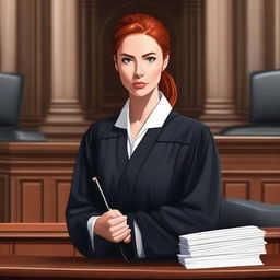 A beautiful young French woman with ginger hair tied in a ponytail, wearing traditional black French lawyer robes