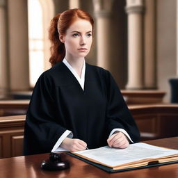 A beautiful young French woman with ginger hair tied in a ponytail, wearing traditional black French lawyer robes