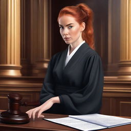 A beautiful young French woman with ginger hair tied in a ponytail, wearing traditional black French lawyer robes