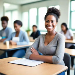 A beautiful young Black woman with a well-endowed but toned body is teaching in a university classroom