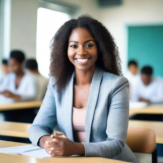 A beautiful young Black woman with a well-endowed but toned body is teaching in a university classroom