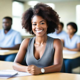 A beautiful young Black woman with a well-endowed but toned body is teaching in a university classroom