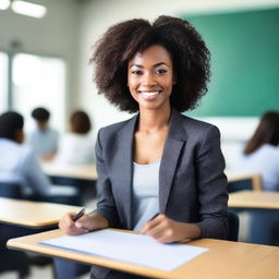 A beautiful young Black woman with a well-endowed but toned body is teaching in a university classroom