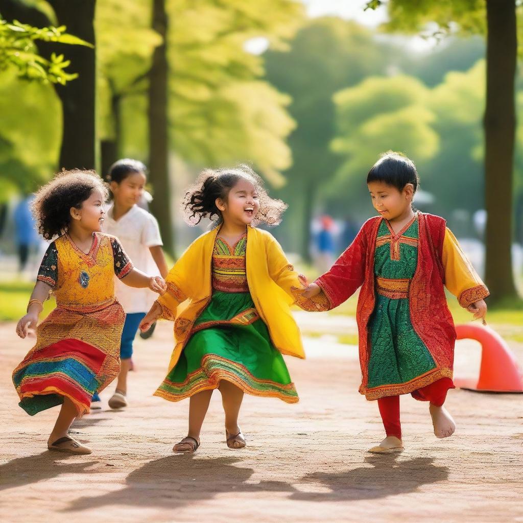 Children from different cultures playing together happily in a park