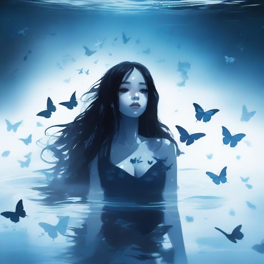 A girl with long black hair sinking under a lake, dark blue butterflies surrounding her