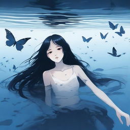 A girl with long black hair sinking under a lake, dark blue butterflies surrounding her