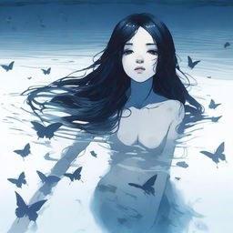 A girl with long black hair sinking under a lake, dark blue butterflies surrounding her