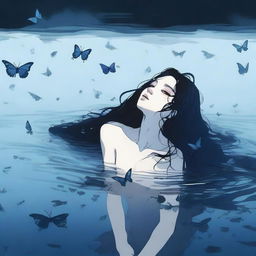 A girl with long black hair sinking under a lake, dark blue butterflies surrounding her