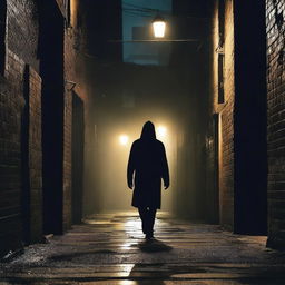 A dark and suspenseful thriller book cover featuring a shadowy figure in a dimly lit alleyway