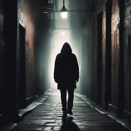 A dark and suspenseful thriller book cover featuring a shadowy figure in a dimly lit alleyway