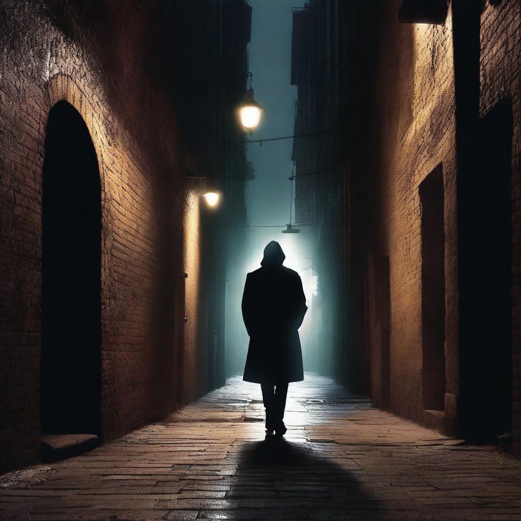 A dark and suspenseful thriller book cover featuring a shadowy figure in a dimly lit alleyway