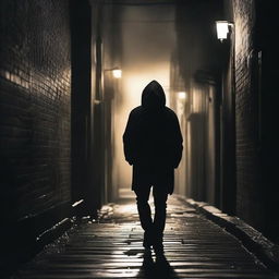 A dark and suspenseful thriller book cover featuring a shadowy figure in a dimly lit alleyway