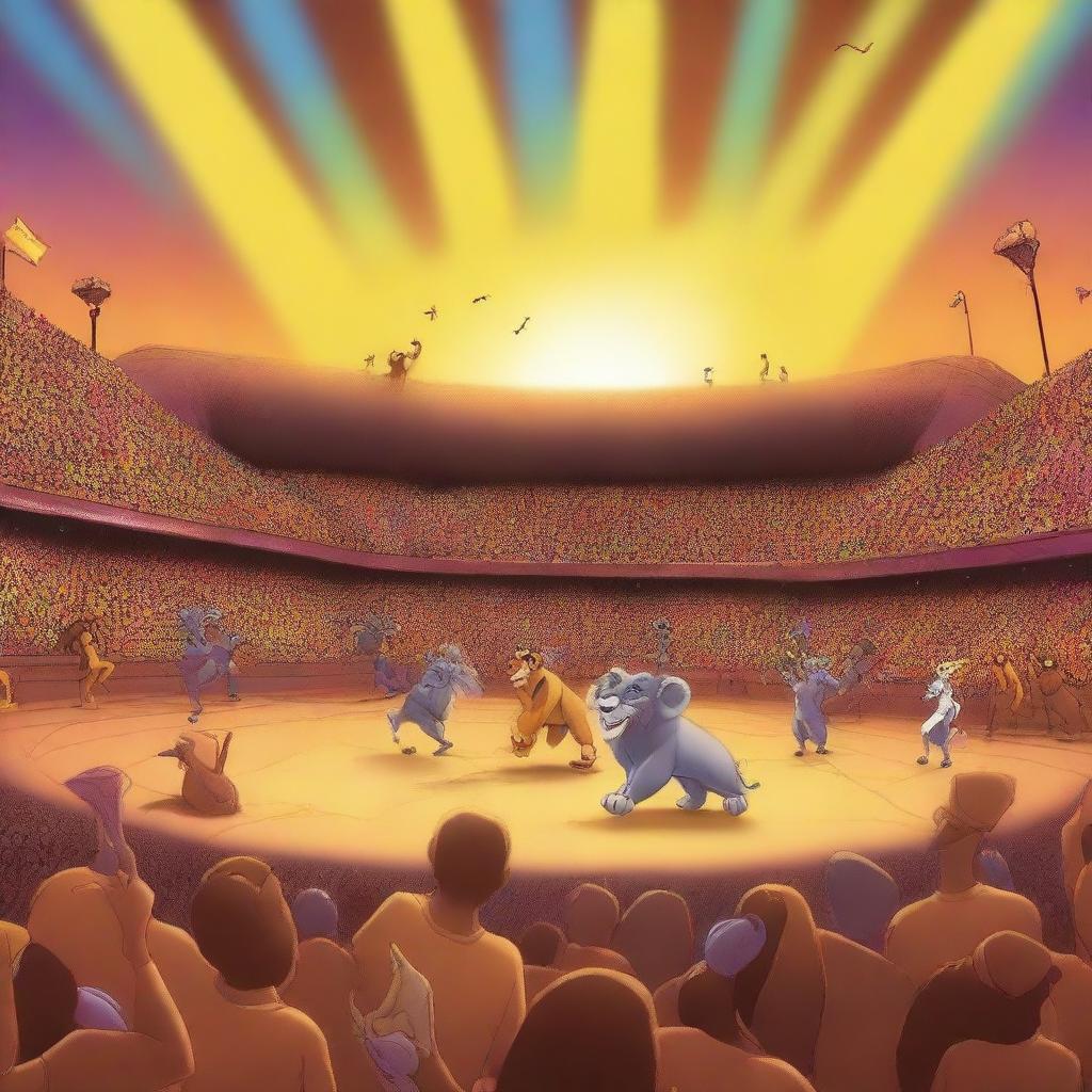 Create an image of a grand concert featuring characters from The Lion King in a huge stadium