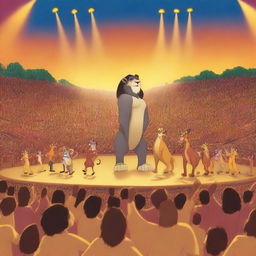 Create an image of a grand concert featuring characters from The Lion King in a huge stadium