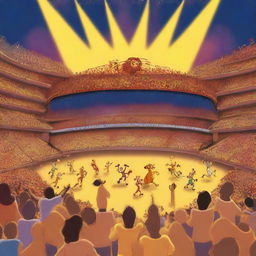 Create an image of a grand concert featuring characters from The Lion King in a huge stadium