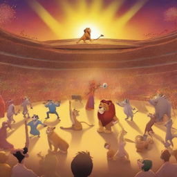 Create an image of a grand concert featuring characters from The Lion King in a huge stadium