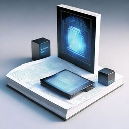 A detailed and modern book cover depicting a sleek, futuristic computer workspace