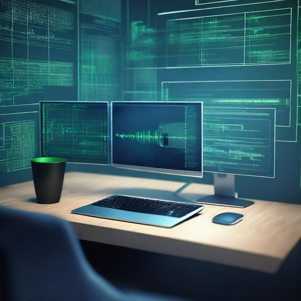 A realistic computer workspace with a detailed diagram of a memory address map or pointers and memory blocks in C++