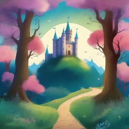 Create a captivating book cover featuring an enchanting forest with a winding path leading to a mysterious castle in the distance