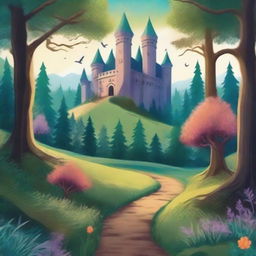 Create a captivating book cover featuring an enchanting forest with a winding path leading to a mysterious castle in the distance