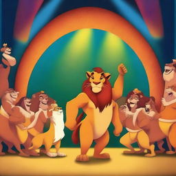 Create a vibrant scene of a Lion King concert in a huge stadium, featuring singers on stage with luminous decorations