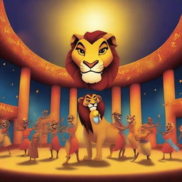 Create a vibrant scene of a Lion King concert in a huge stadium, featuring singers on stage with luminous decorations