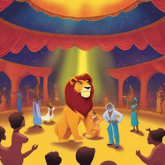 Create a vibrant scene of a Lion King concert in a huge stadium, featuring singers on stage with luminous decorations