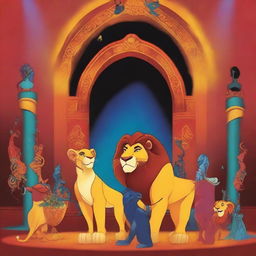 Create a vibrant scene of a Lion King concert in a huge stadium, featuring singers on stage with luminous decorations