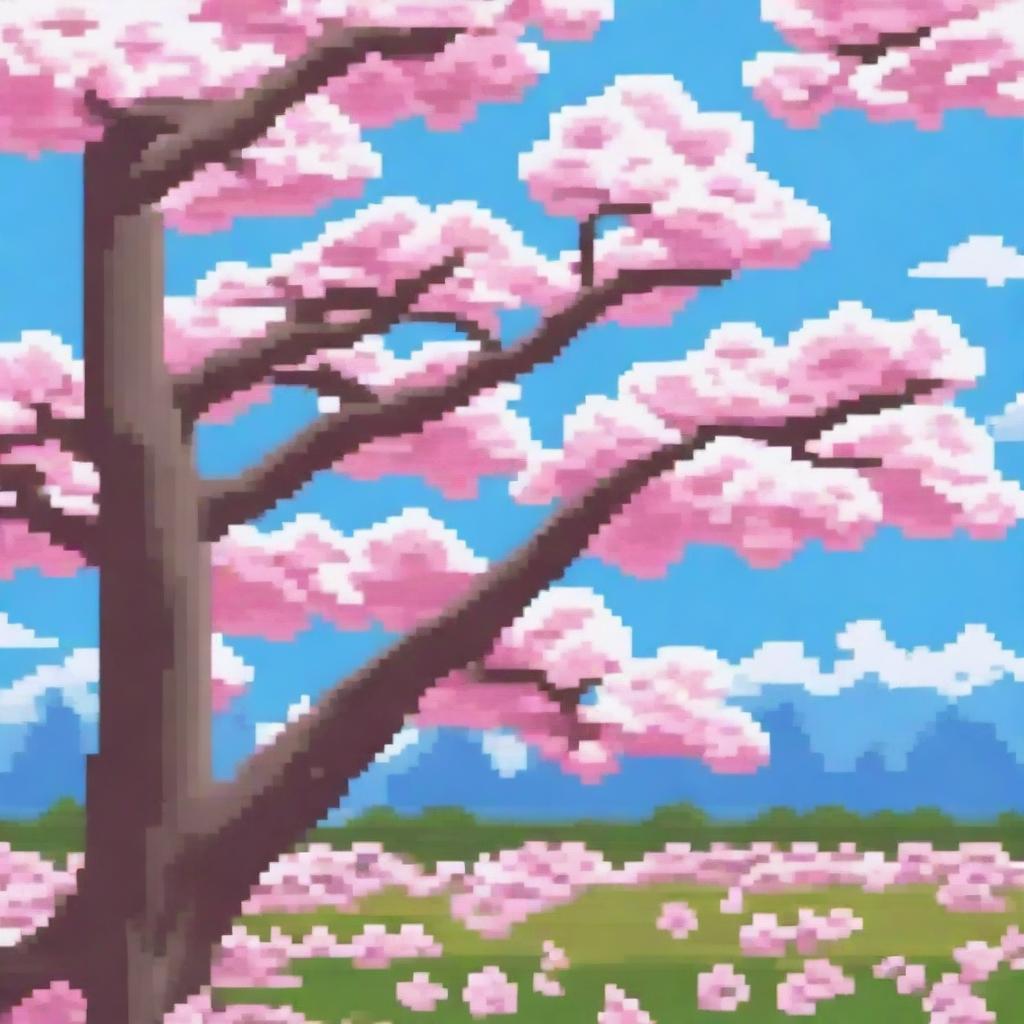 A pixel art depiction of cherry blossoms in full bloom