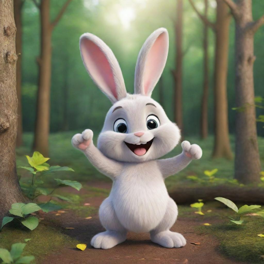 A cheerful cartoon bunny in the heart of a rich forest, waving its paw with a wide, beaming smile on its face. The image exudes friendliness and joy, creating a pleasant atmosphere.