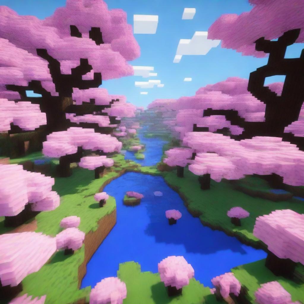 A Minecraft scene featuring cherry blossoms in full bloom