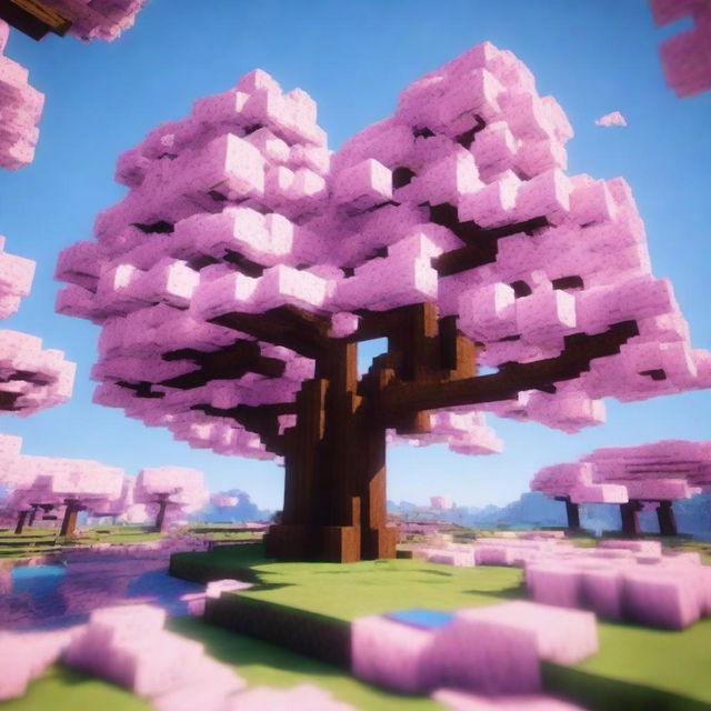 A Minecraft scene featuring cherry blossoms in full bloom