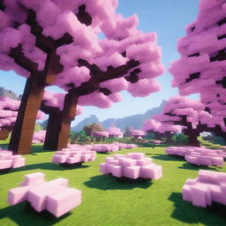 A Minecraft scene featuring cherry blossoms in full bloom