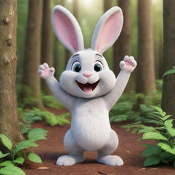 A cheerful cartoon bunny in the heart of a rich forest, waving its paw with a wide, beaming smile on its face. The image exudes friendliness and joy, creating a pleasant atmosphere.