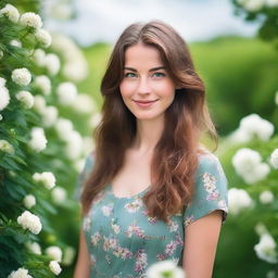 A beautiful young woman with brown hair and green eyes, standing in a serene outdoor setting