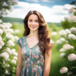 A beautiful young woman with brown hair and green eyes, standing in a serene outdoor setting