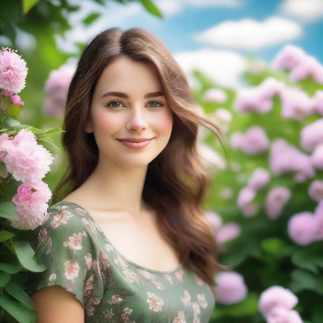 A beautiful young woman with brown hair and green eyes, standing in a serene outdoor setting