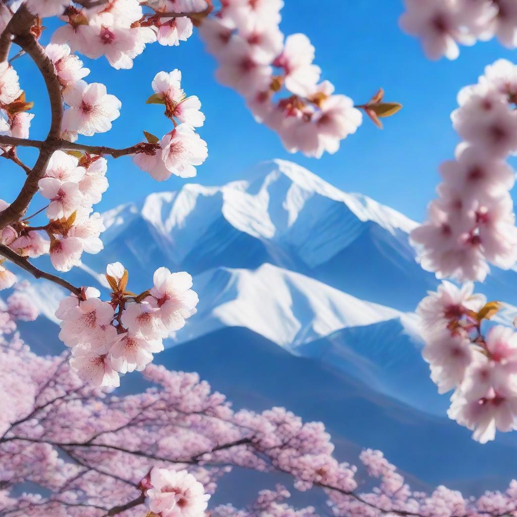 A breathtaking scene of cherry blossoms in full bloom with snow-capped mountains in the distance