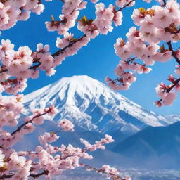 A breathtaking scene of cherry blossoms in full bloom with snow-capped mountains in the distance