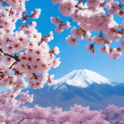 A breathtaking scene of cherry blossoms in full bloom with snow-capped mountains in the distance