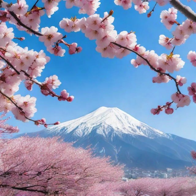 A breathtaking scene of cherry blossoms in full bloom with snow-capped mountains in the distance