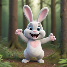 A cheerful cartoon bunny in the heart of a rich forest, waving its paw with a wide, beaming smile on its face. The image exudes friendliness and joy, creating a pleasant atmosphere.