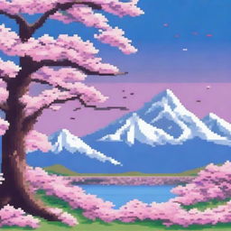 A pixel art scene featuring cherry blossoms in full bloom with snow-capped mountains in the distance