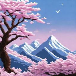 A pixel art scene featuring cherry blossoms in full bloom with snow-capped mountains in the distance