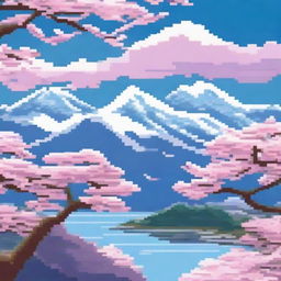 A pixel art scene featuring cherry blossoms in full bloom with snow-capped mountains in the distance