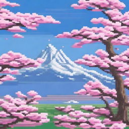 A pixel art scene featuring cherry blossoms in full bloom with snow-capped mountains in the distance