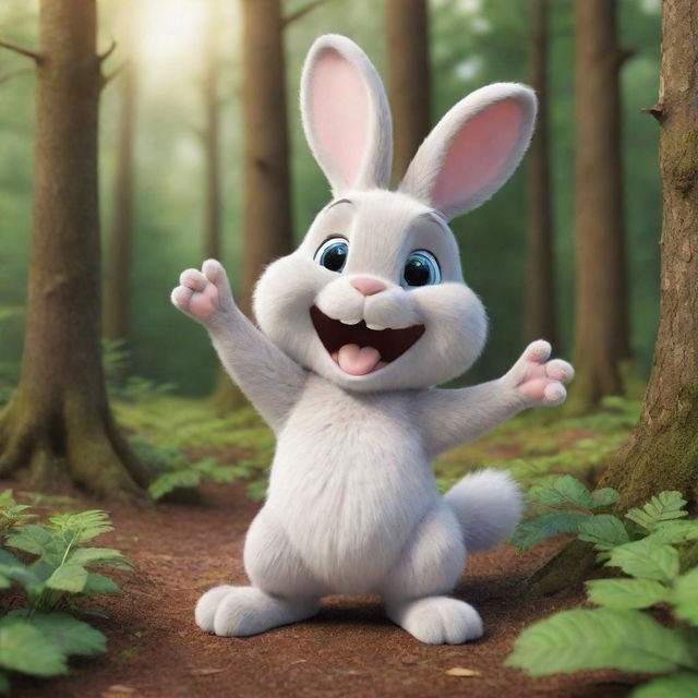 A cheerful cartoon bunny in the heart of a rich forest, waving its paw with a wide, beaming smile on its face. The image exudes friendliness and joy, creating a pleasant atmosphere.