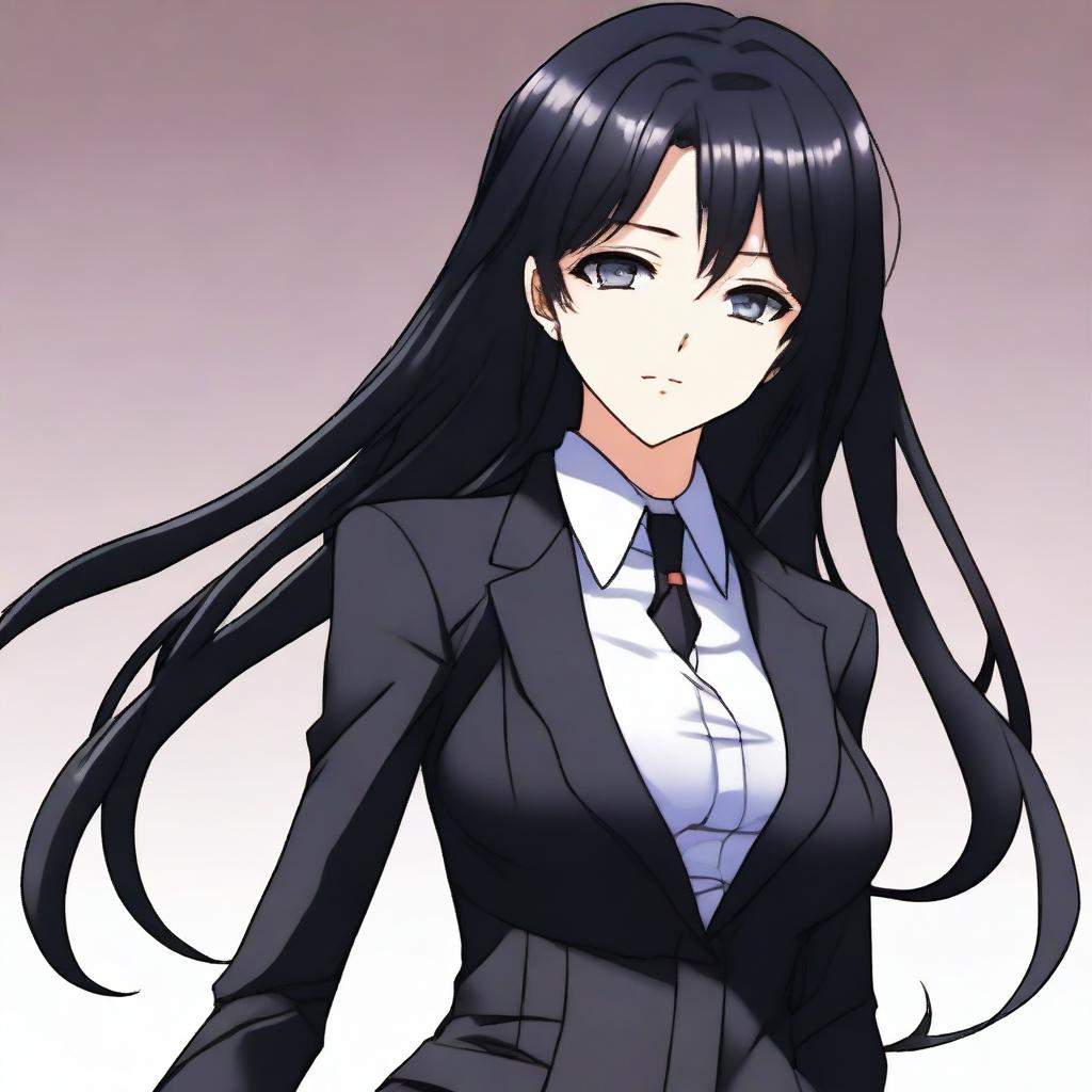 A tall, beautiful girl with long black hair and black eyes, wearing a tight, shiny black suit